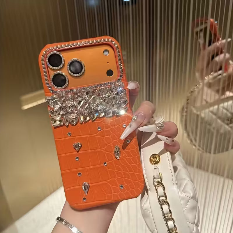 Luxury Crocodile-Pattern Orange Leather Handmade Rhinestone
