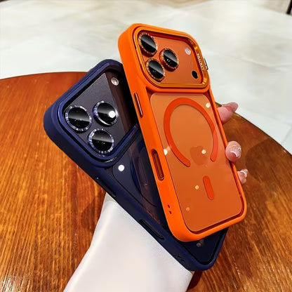 Luxury orange magnetic wireless charging metal lens holder mobile phone case