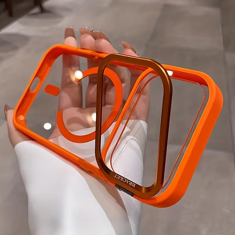 Luxury orange magnetic wireless charging metal lens holder mobile phone case