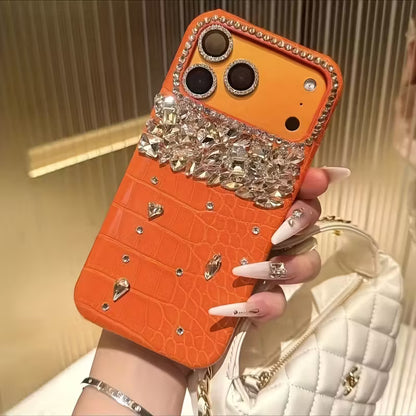 Luxury Crocodile-Pattern Orange Leather Handmade Rhinestone