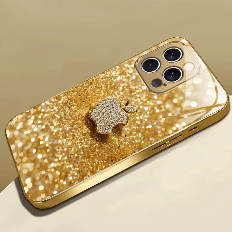 A Luxurious Glass Phone Case with a Shiny Golden Apple Pattern