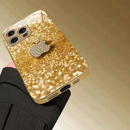 A Luxurious Glass Phone Case with a Shiny Golden Apple Pattern