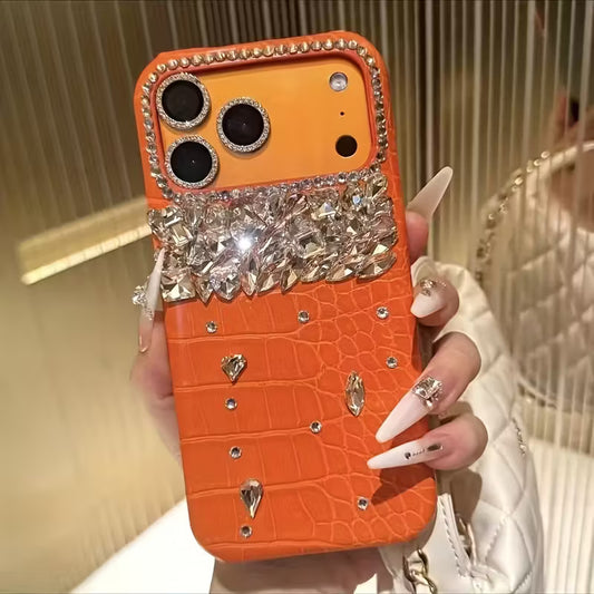 Luxury Crocodile-Pattern Orange Leather Handmade Rhinestone