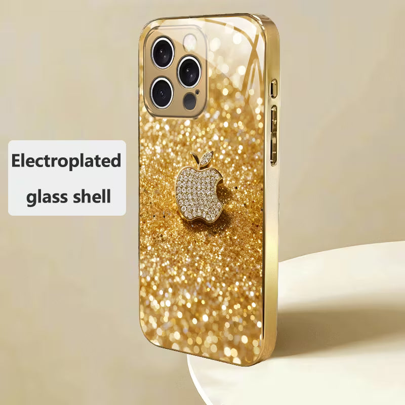 A Luxurious Glass Phone Case with a Shiny Golden Apple Pattern