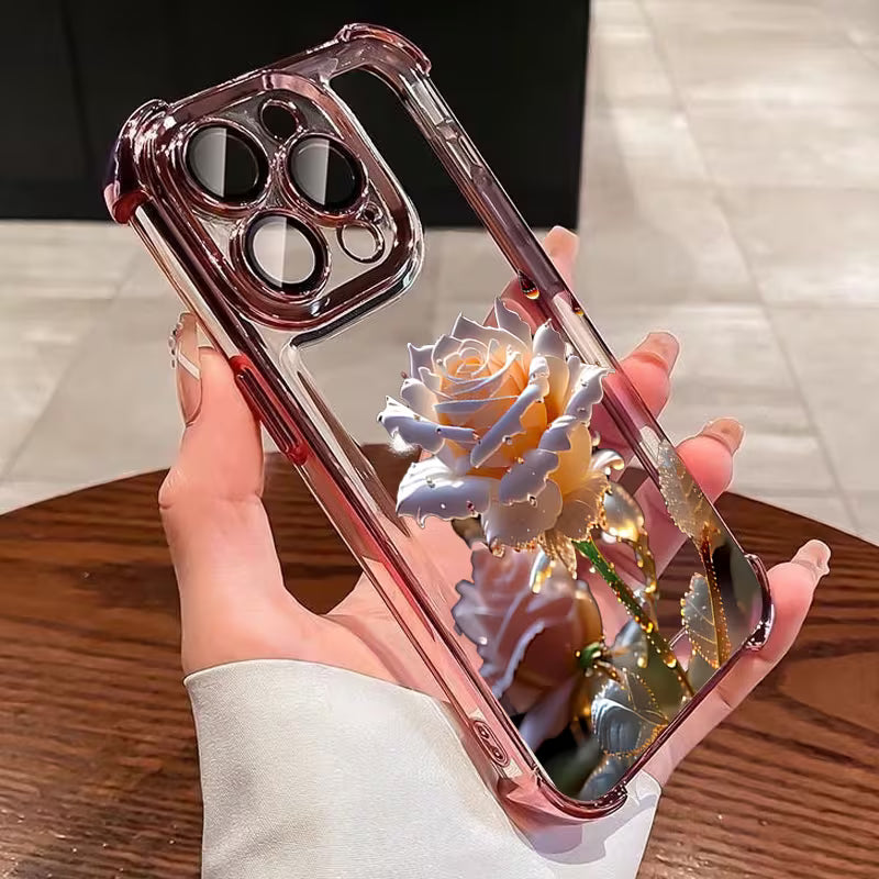 Vibrant Rose-Patterned Electroplated Clear Phone Case