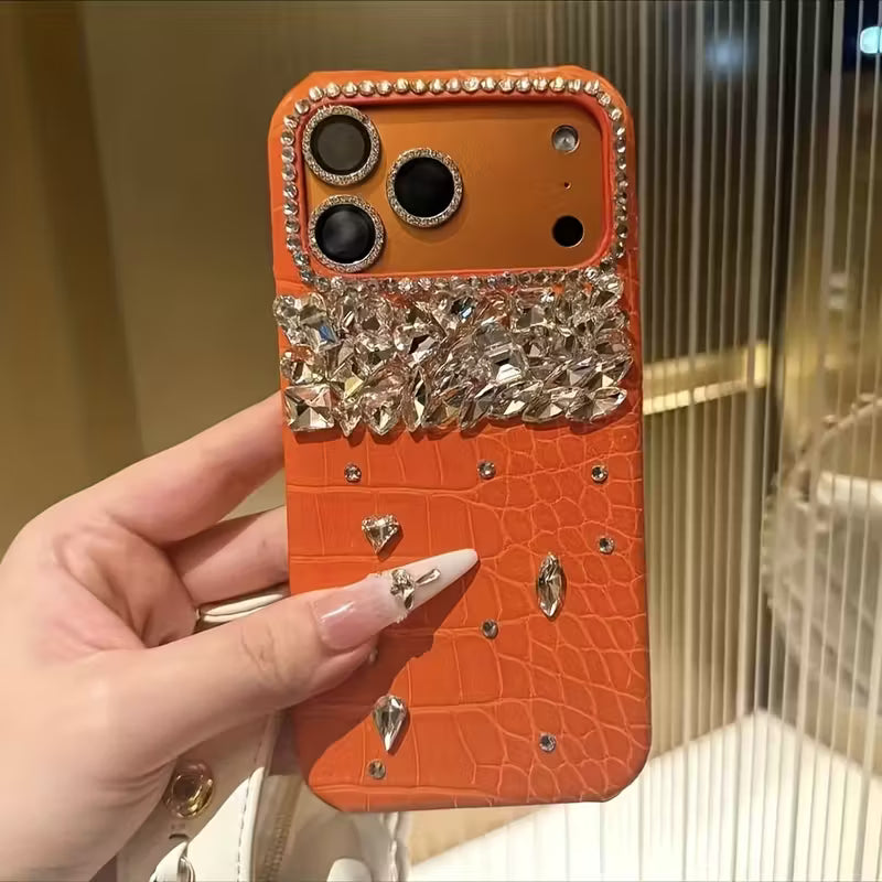 Luxury Crocodile-Pattern Orange Leather Handmade Rhinestone