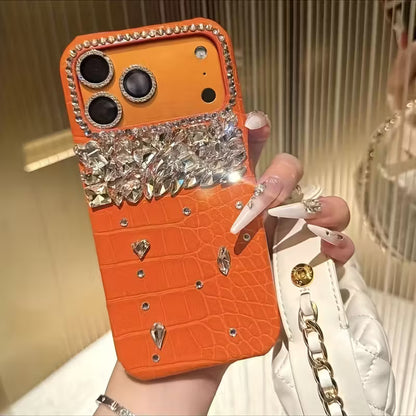 Luxury Crocodile-Pattern Orange Leather Handmade Rhinestone