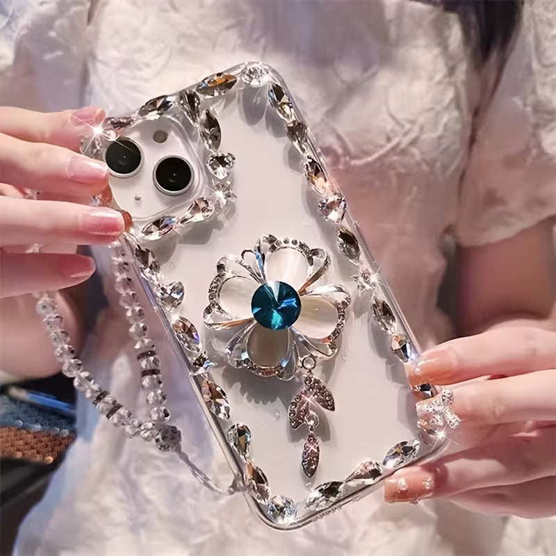 A Stylish And Luxurious Blue Four-Leaf Clover Bracelet with a Crystal Strap