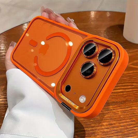 Luxury orange magnetic wireless charging metal lens holder mobile phone case