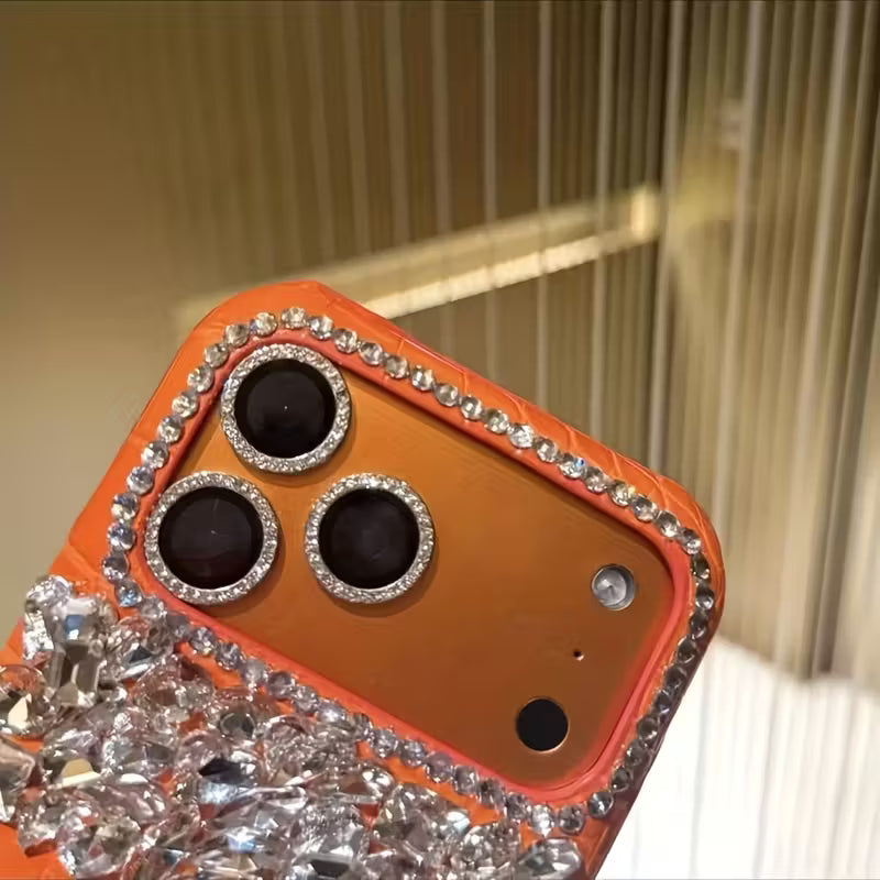 Luxury Crocodile-Pattern Orange Leather Handmade Rhinestone