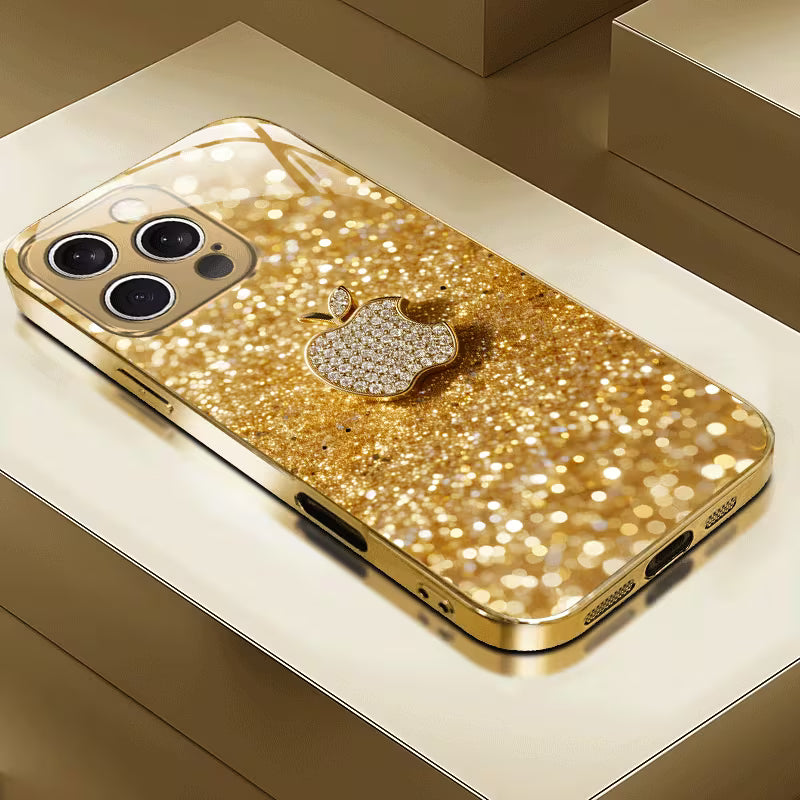 A Luxurious Glass Phone Case with a Shiny Golden Apple Pattern