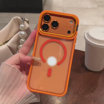 Luxury orange magnetic wireless charging metal lens holder mobile phone case